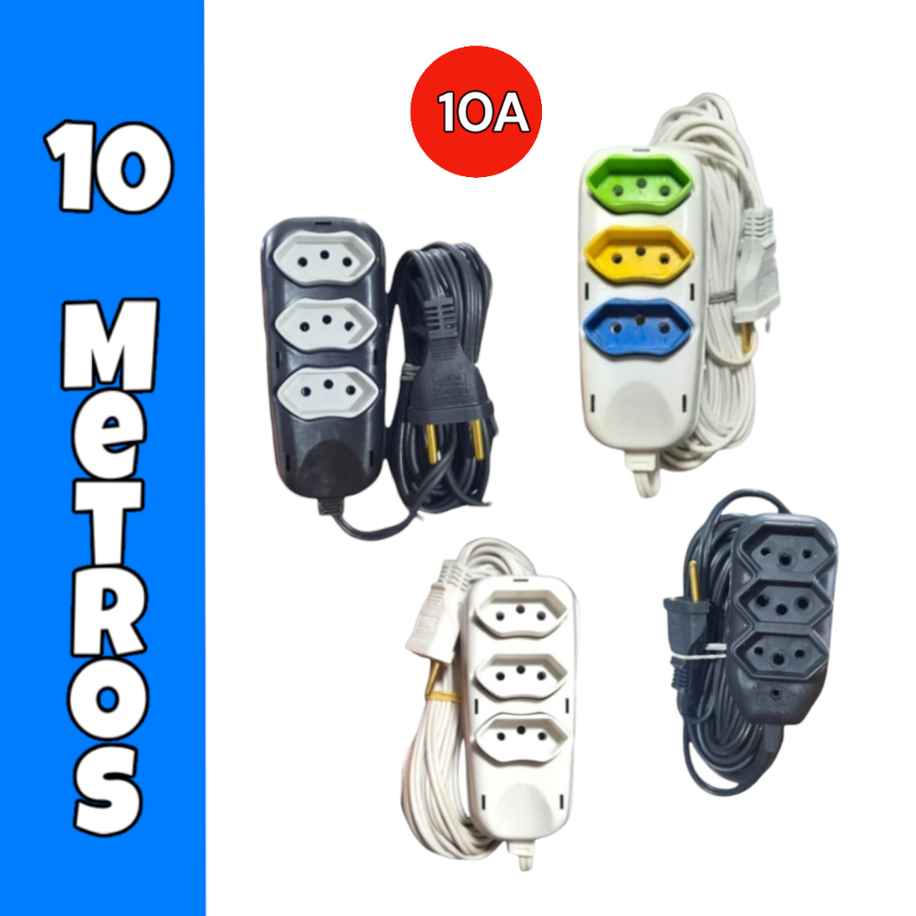 Kit Extensão Elétrica 10 Metros de Energia de 3 Tomadas 10A 2P+T ...