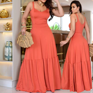 Vestido Longo Feminino Alça Malha Romantic Liso Fresco e Leve em Oferta na Shopee