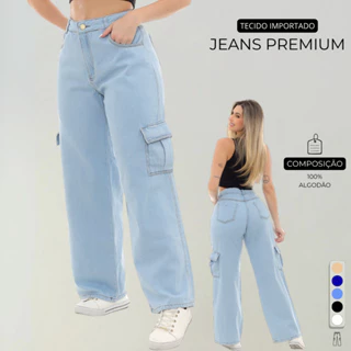 Calça Cargo Jeans Premium Feminino Com Bolsos Laterais Perna Larga + 5 Cores 10 ao 44