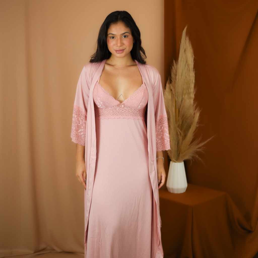 Kit Camisola Feminina e Robe Longo com Renda Costa Nadador