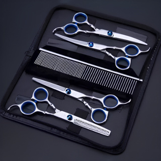 Kit 4 Tesouras E 1 Pente Cabeleireiro Barbeiro Profissional Azul