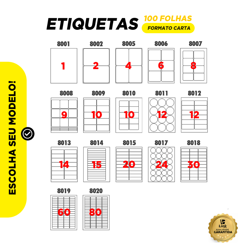 Etiqueta Adesiva Carta Couchê 100 Folhas - Escolha o Modelo