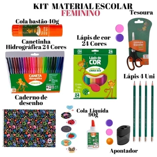 KIT Material Escolar De 4 Lápis 24 Caneta 24 Lápis Cor Caderno Cola Bastão 40G Liquida 90G Tesoura em Oferta na Shopee