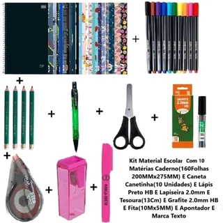 Kit Material Escolar Com Caderno E Marcador E Lapiseira E Grafite E Fita E Tesoura E Apontador em Oferta na Shopee