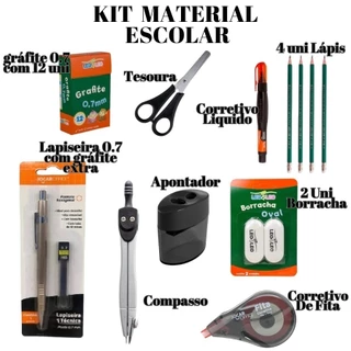 KIT Material Escolar De 4 Lápis 2 Borrachas Grafite Lapiseira 0.7 Corretivos E Apontador Compasso em Oferta na Shopee