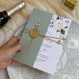 Convite para casamento verde Oliva com folhagem