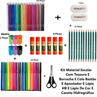 Kit Material Escolar Com Tesoura E Borracha E Cola Bastão E Apontador E Caneta Hidrográfica em Oferta na Shopee