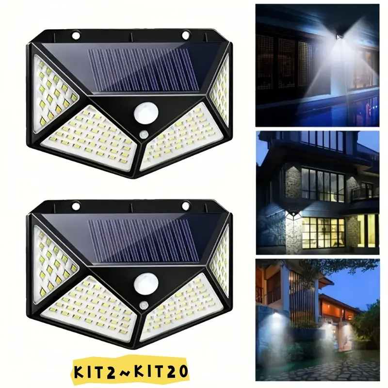 KIT2-KIT20 Luminária Solar 100 Led Com Sensor Prova D'Água Refletor  Parede Luz  para Jardim Externa