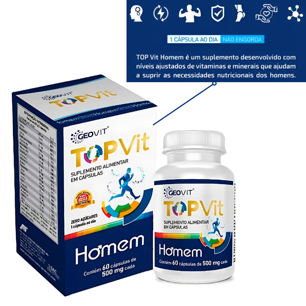 Top Vit Homem 60 cápsulas de 500mg Saúde e Energia Suplemento Alimentar ...
