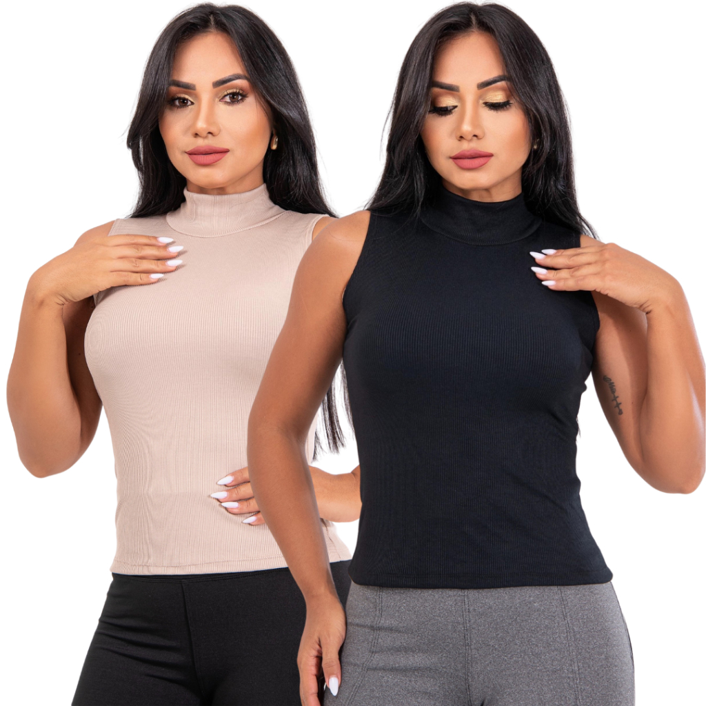 Kit 2 Blusa Feminina Regata Gola Alta Canelada Elegante Casual Básica e Confortável