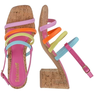 Sandália Feminina Tamanco Salto Bloco Quadrado Tiras Multicolorida Shekinah Colorida Moda Verão