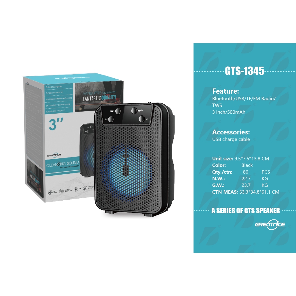 Caixa de som GTS-1345 bluetooth sem fio portátil com led recarregável
