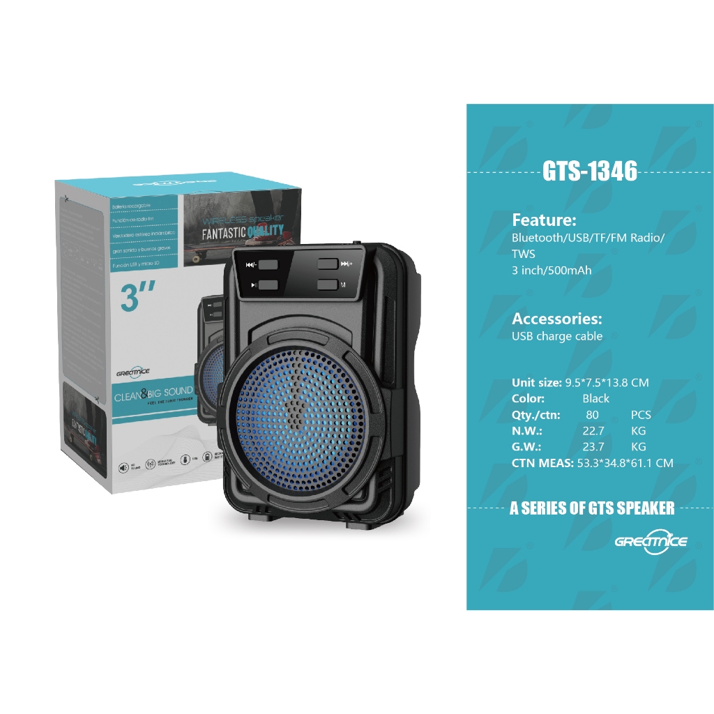 Caixa de som GTS-1346 bluetooth sem fio protátil led recarregável FM