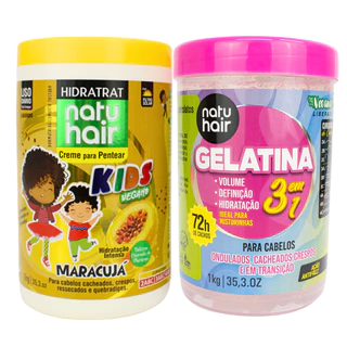 Kit Creme de Pentear Maracujá + Gelatina modeladora de cachos 3 em 1 Natuhair 1 KG