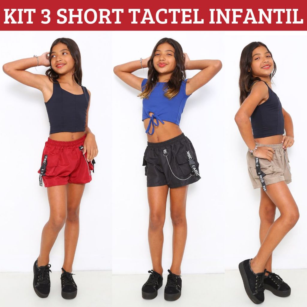 Kit 3 Shorts Feminino Infantil Para Meninas Tactel Fita e Corrente 4 ...