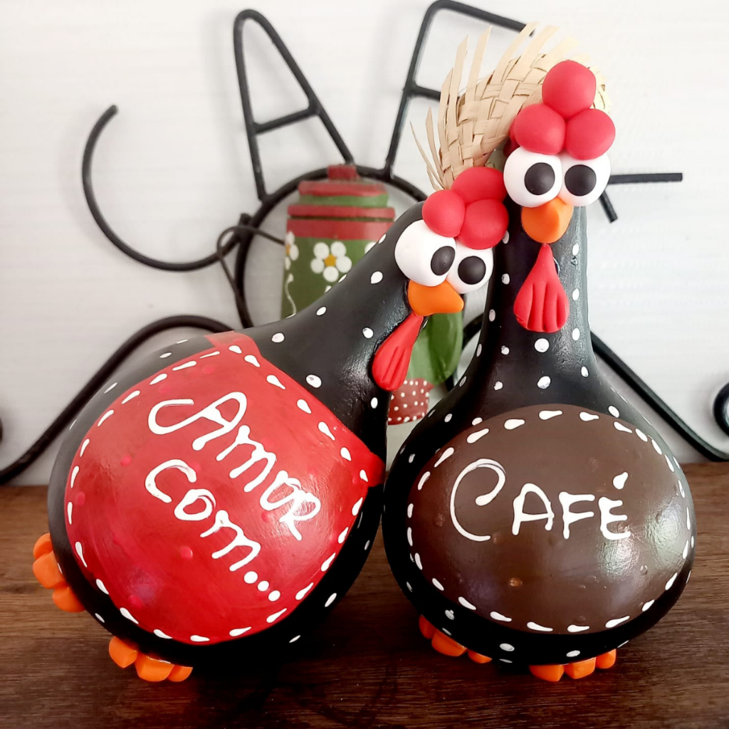 Cantinho do café Galo e Galinha Amor em Cabaça Artesanato Decoração de ...