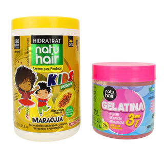 Kit Creme de Pentear Kids Maracujá + Gelatina modeladora de cachos 3 em 1 Natuhair 500g Super Ativador de Cachos Antifri
