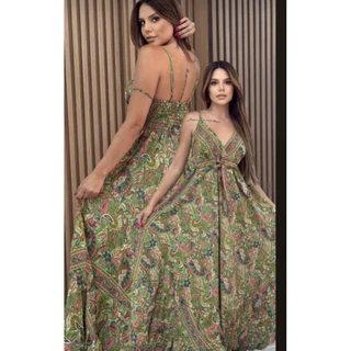VESTIDO SEDA INDIANA LONGO COM LÁTEX NAS COSTAS E ALÇA REGULÁVEL