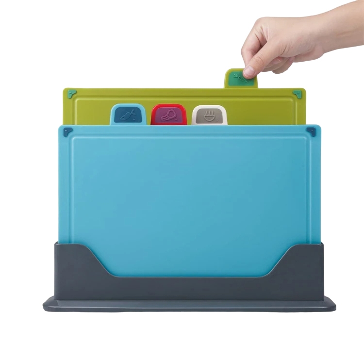 kit 4 Tábua De Corte + Suporte Jogo Colorido Carne Frango Verdura Peixe Higiênico Anti Derrapante