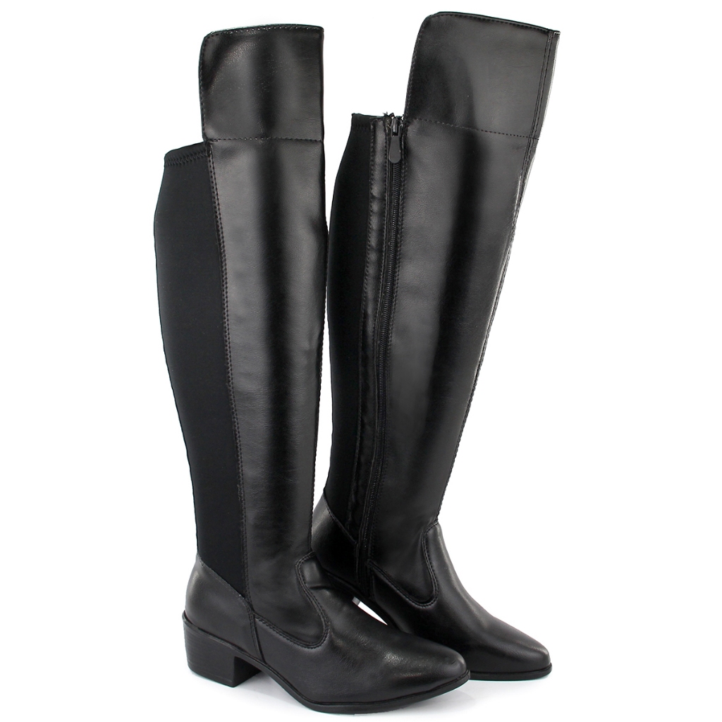 Bota Feminina Montaria Cano Longo Bico Fino Elástico Traseiro Ideal ...