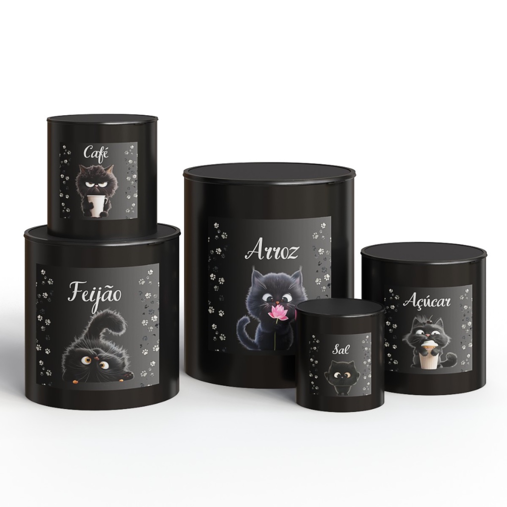Kit Porta Mantimentos 5 Peças Gatinho Plástico Resistente Decoração Casa Cozinha