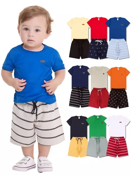 Kit Básico 10 Peças Roupa Bebê Menino - 5 Camisetas Básicas + 5 Bermudas - 5 Conjuntos Lisos Bebê Menino