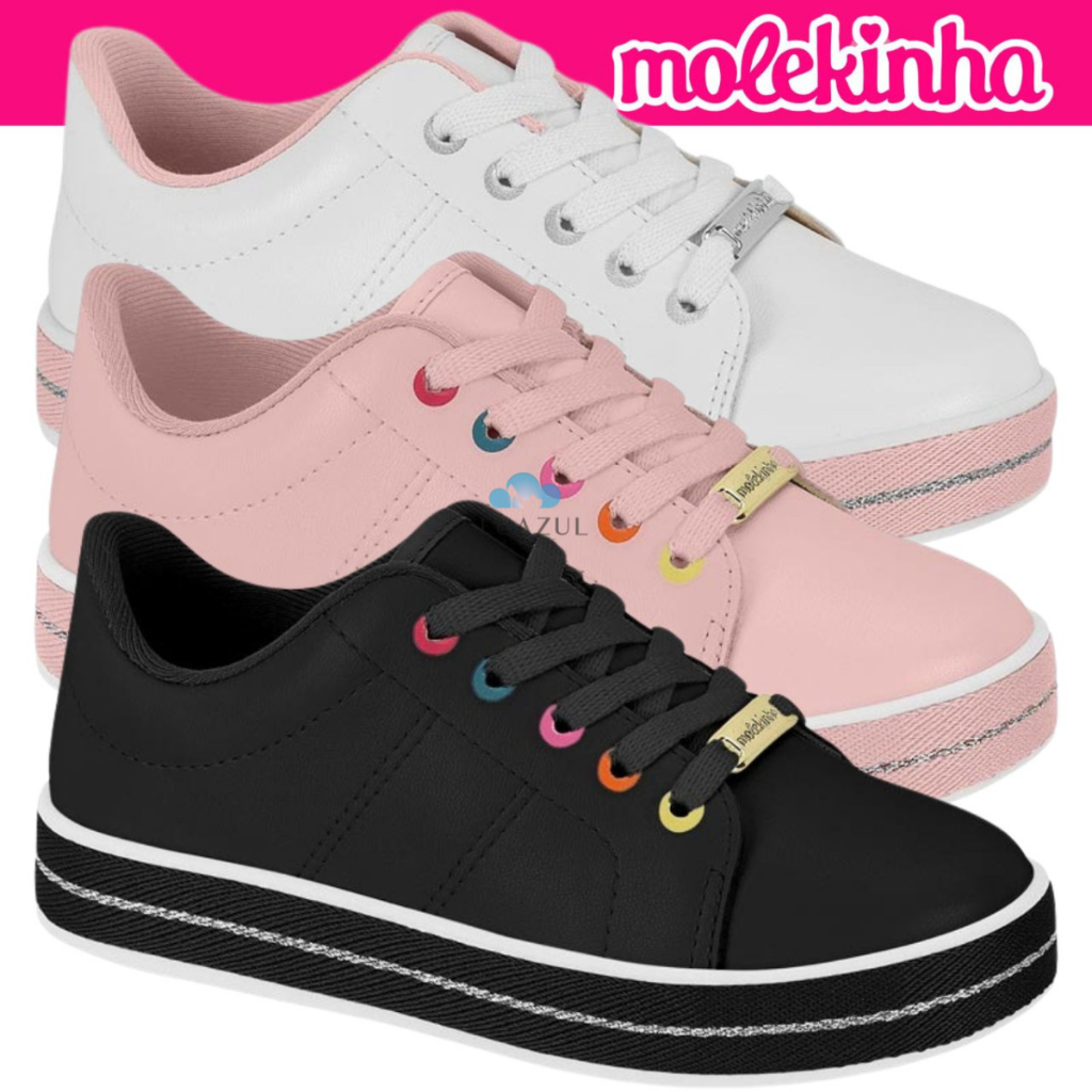 Tenis Infantil Molekinha Menina Estilosa Cadarço Colorido Shopee