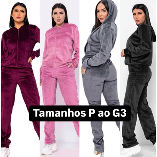 Conjunto Feminino Inverno Plush. Tamanhos: P ao Plus Size - Com zíper, capuz e bolso. Conjunto quentinho e confortável