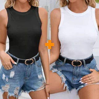 Kit 2 Blusas Feminina Regata Canelada Algodão Ribana Premium Social Americana Basica
