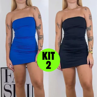 Kit 2 Vestido Curto Suplex Tubinho Feminino Moda Sensual Sexy Liso Forro Duplo Busto
