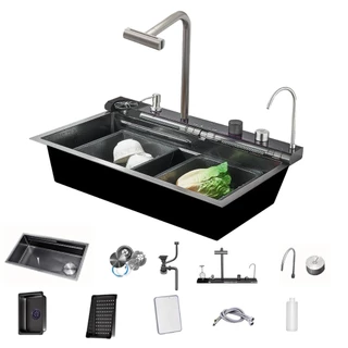 【Daksan】Cuba Cozinha Gourmet 304 Inox com Cascata Lavador Copos E Acessórios+360 ° Rotação 4 Em 1 Torneira