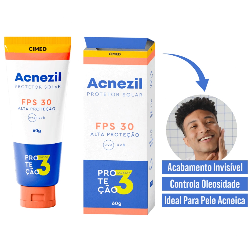 Protetor Solar Facial Rosto Acnezil FPS 30 Pele Oleosa Acne 60g Cimed ...