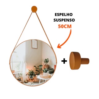 Espelho Decorativo Suspenso 50cm Alça de Couro Imagem Nítida