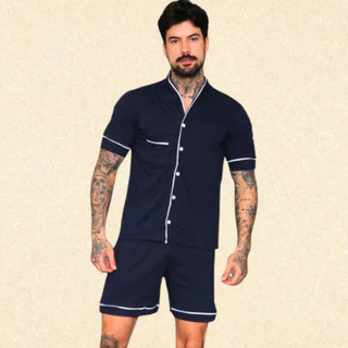 Pijama Americano Masculino De Algodão Com Botões em Oferta na Shopee