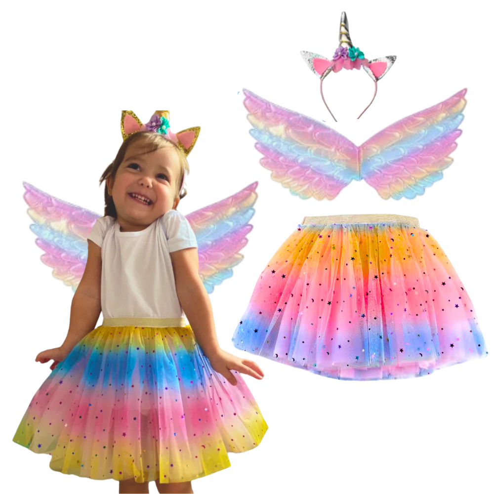 Fantasia Infantil Unicórnio Asa + Saia + Tiara - Menina Carnaval Saia ...