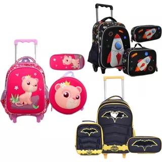 Kit mochila escolar infantil 3D Leão, Batman e astronauta Com Lancheria e Estojo Minina e Minino -YINS