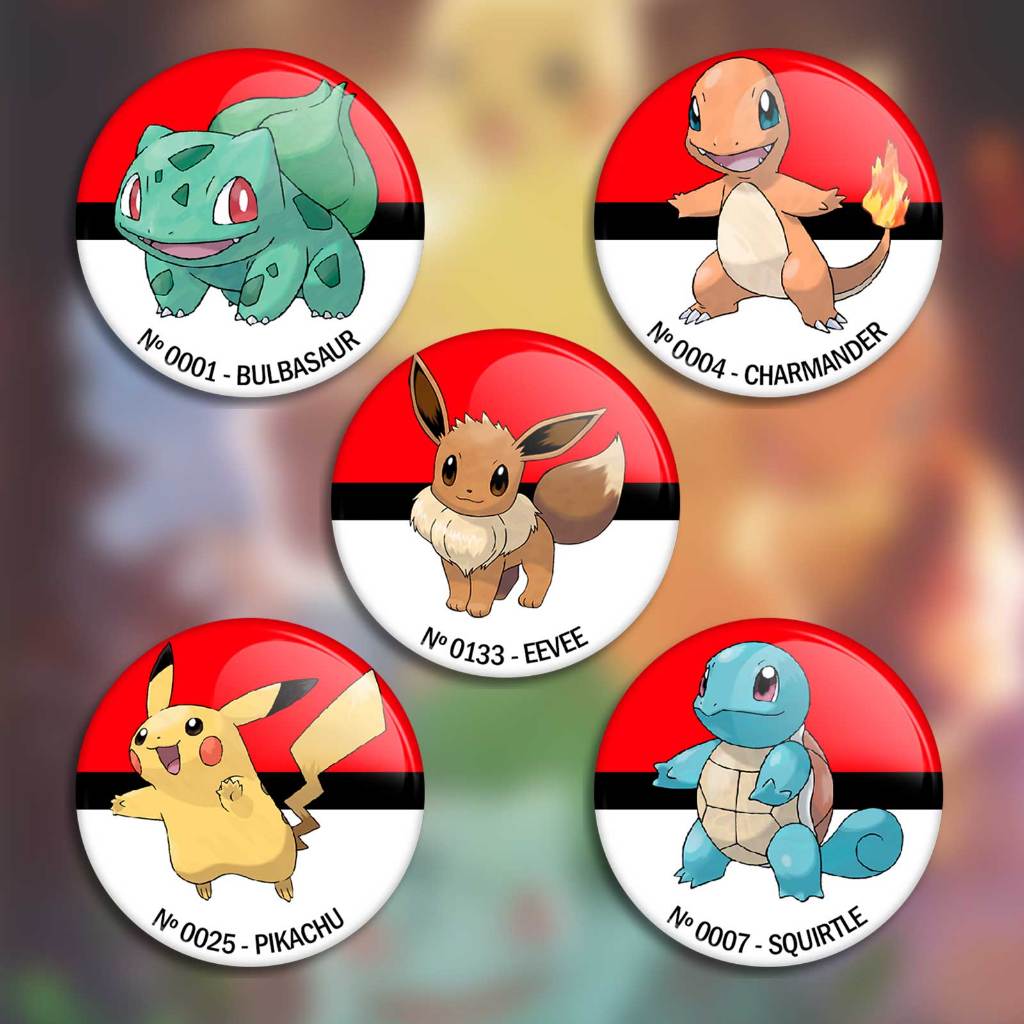 5 Botons pokemon charmander, pikachu, bulbasaur, squirtle, Eevee Pins ...