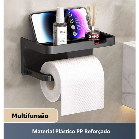 Suporte Porta Papel Higiênico Preto e Suporte para Celular