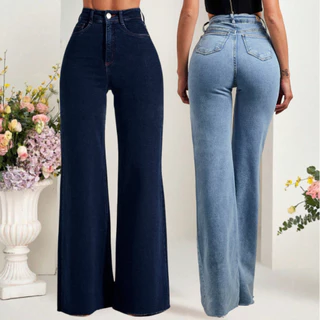Calça Jeans Wide Leg Pantalona Cintura Alta Aumenta Bumbum Feminina
