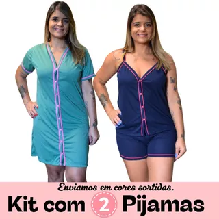 Kit 2 Short Doll Gestante Pijama ou Camisola Amamentação Meia Manga ou alcinha com Botões Malha