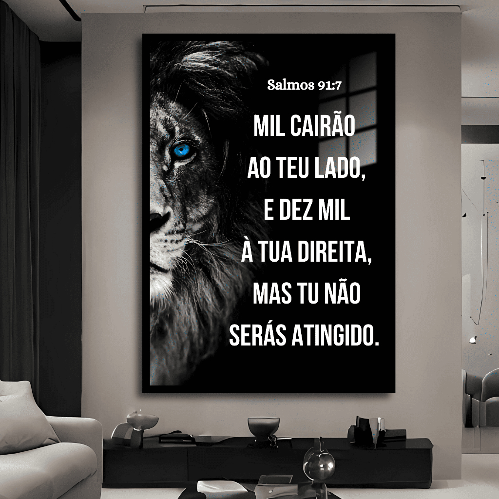 Quadro Decorativo Leão Preto e Branco Grande Salmos 91:7 Fé Religioso Sala
