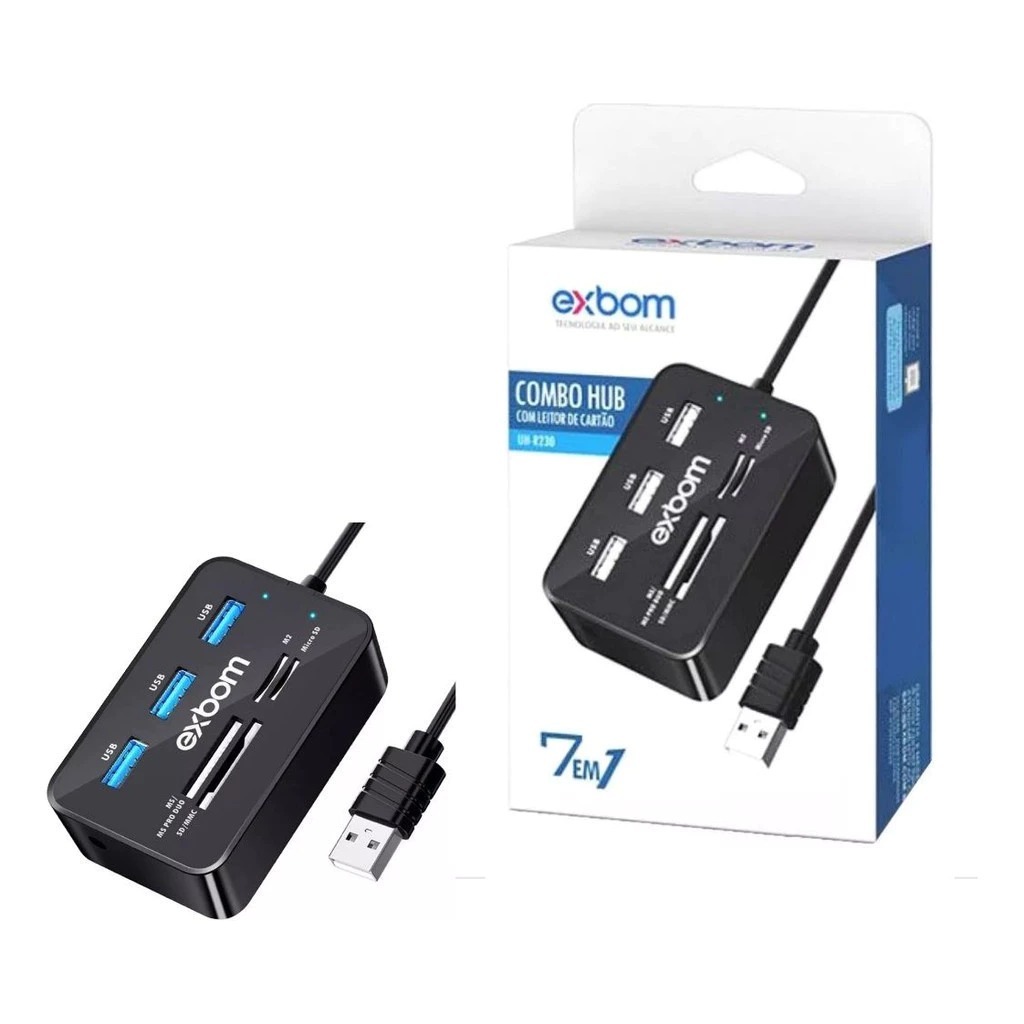 Hub Adptador Usb, 7 Portas Leitor Cartão De Memoria Sd Exbom
