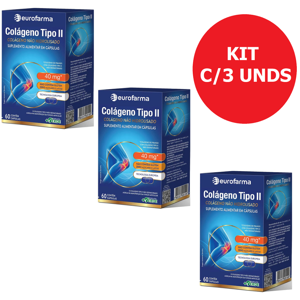 Kit 3 unid colageno tipo 2 Eurofarma c/60 cápsulas