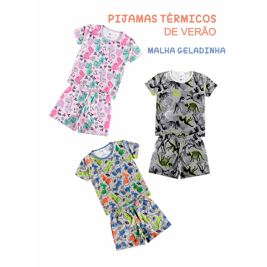 Kit  C/ 3 Conjuntos de Pijama Térmicos Fresquinhos Infantil  - Verão - Meia Estação - Kit Sortido em Oferta na Shopee