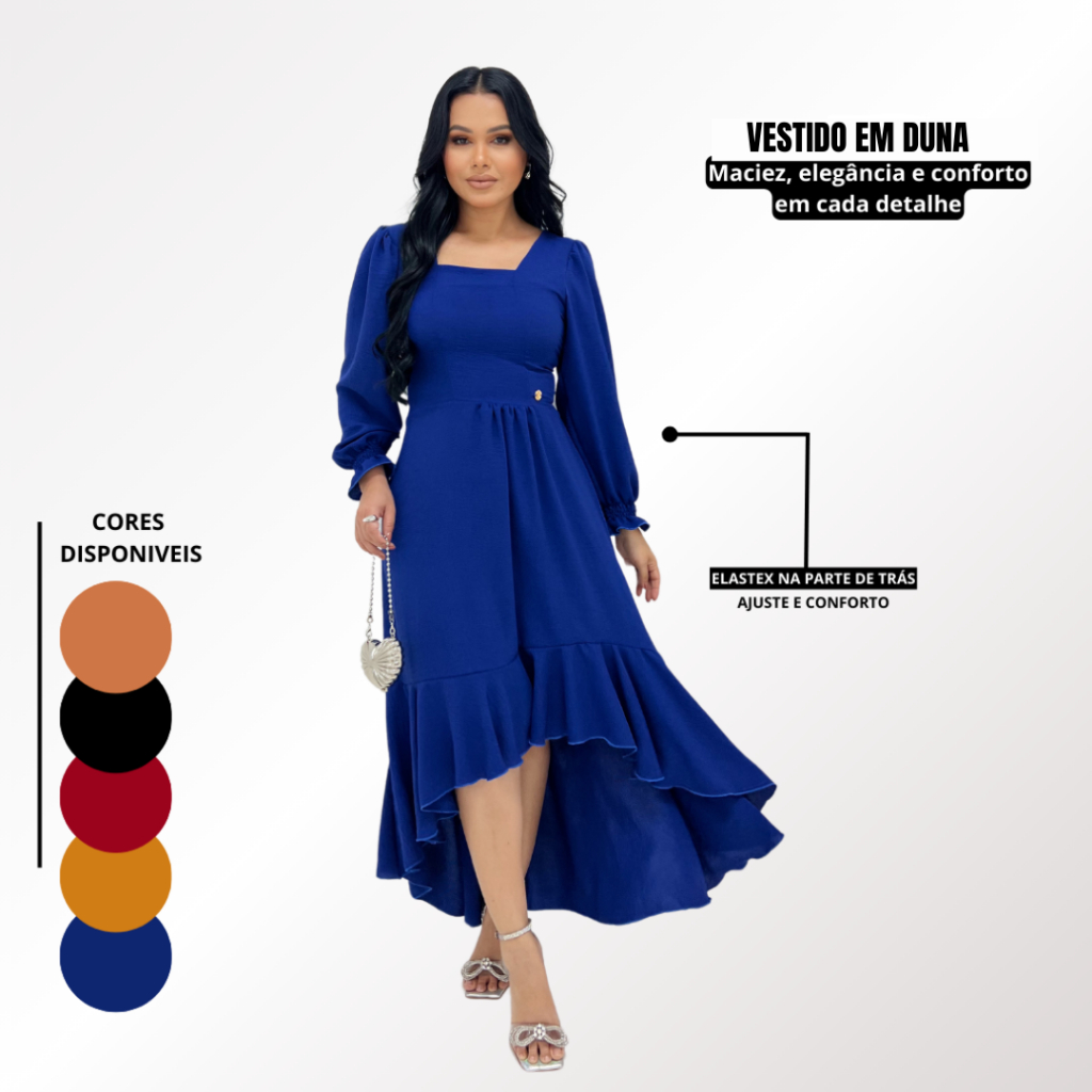 Vestido Feminino Manga Longa Midi Mullet Babados Alfaiataria Vestido Feminino Manga Longa Midi Mullet Babados Alfaiataria