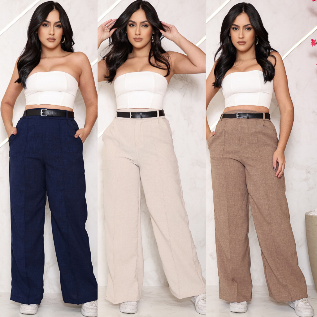 kit Calça feminina Pantalona linho Cinto Preto Perna Reta em Linhão  Alfaiataria Cintura Alta com Bolsos Sólido Calça