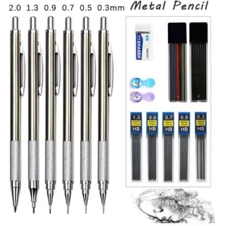 Lapiseira Profissional para Desenho em Aço Inoxidável - Kit com 6 (0,3 0,5 0,7 0,9 1,3 e 2,0)