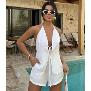Conjunto Feminino de Short+Blusa Frente Unica Regata Amarração Decote na Frente Moda Gringa Tendencia