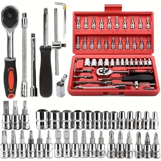 Kit De Ferramentas 46 Peças Jogo De Soquetes Chave Catraca Reversível Com Maleta Jogo De Ferramentas Completo