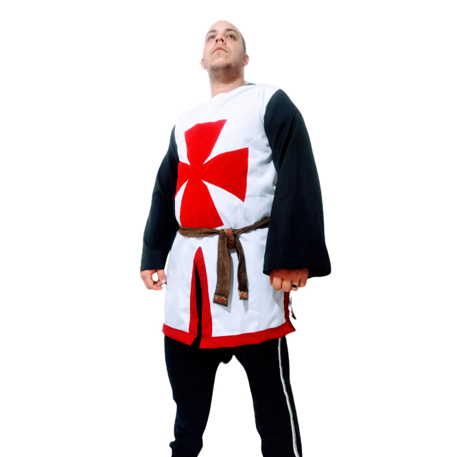 Traje Medieval Masculino Templário vermelho e branco
